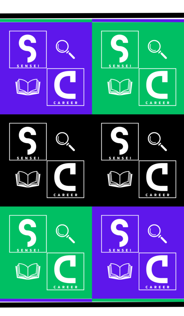 Sensei Career website logo displaying a magnifying glass and a book in different background colors